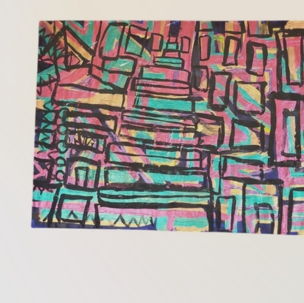 Abstract Geometric Neon Cityscape Painting on Canvas
